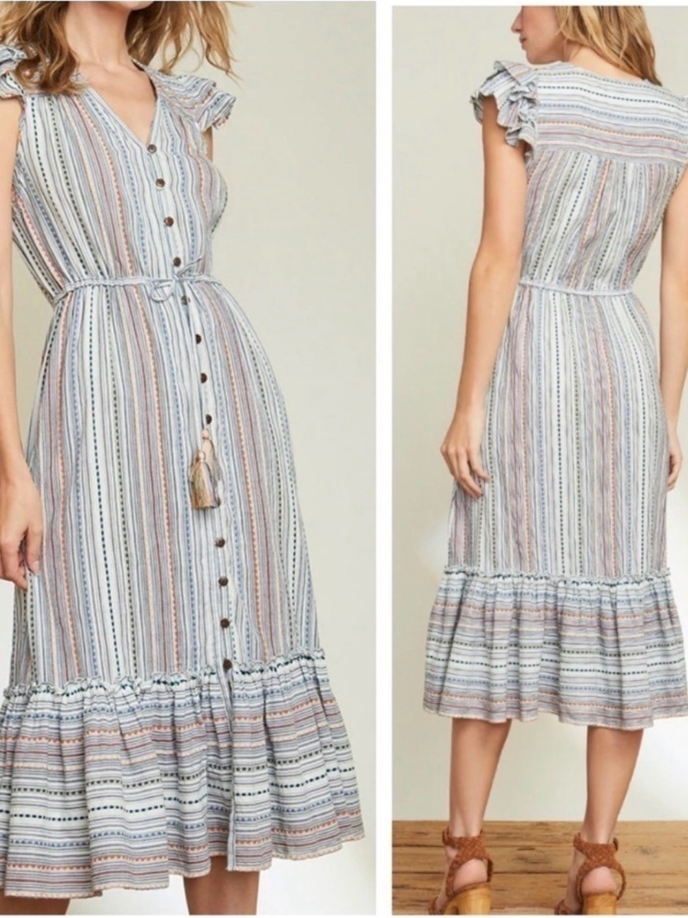 Veronica Beard Striped Ruffle-Sleeve Button-Front Tinzia Midi Dress Multi Sz L